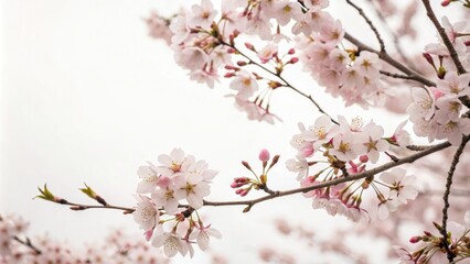 Fototapeta premium Pastel pink cherry blossom branches surround a minimalist white background, blooming flowers, pink cherry blossom, delicate arrangement, pastel pink flowers