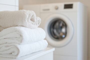 Stack of clean white and beige towels on a countertop with washing machine in the background. Laundry and hygiene concept.
