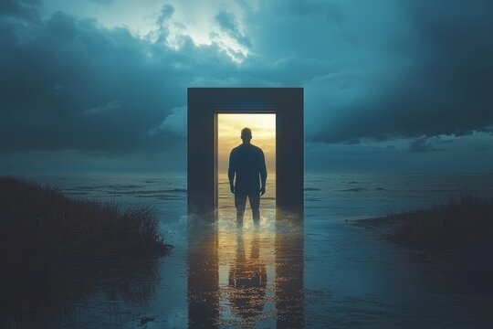 A shadowy figure stands in a doorway amidst nature, symbolizing the journey through a portal to a different realm. This evokes a fantasy of transformation and exploration of another dimension in the