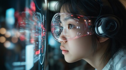 Young girl immersed in virtual reality, engaging with interactive digital environment in a tech-savvy setting