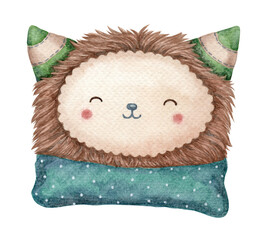 Cute furry pillow kawaii toy with horns baby illustration in cartoon style. Hand drawn watercolor kids-friendly character. Perfect for the use for pajama party theme template and childlike designs.
