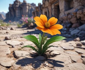 Rare and exotic flower growing in abandoned terrain, rocky, concealed