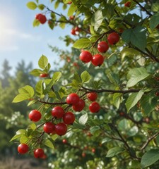 Obraz premium Red ripe berry on the branch of a rose hip bush, blossom, red berries