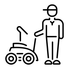 Groundskeeper with lawn mower icon in linear style 