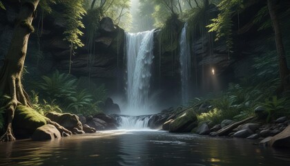 Remote waterfall hidden within dense forest with soft lighting, discovery, exploration, isolated, secluded