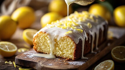 A soft focus shot of lemon drizzle glaze being poured over a rustic pound cake, with fresh lemons scattered around