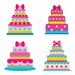 Set of colorful cartoon birthday cakes with bows and decorations. Cakes vector bundle, birthday cakes vector icons, Symbol of the birthday,holiday,festive isolated on white background