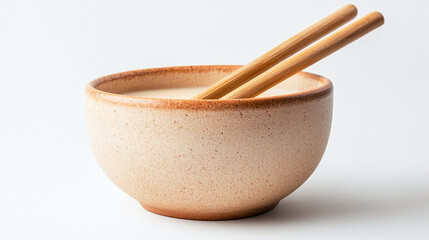 Beige Ceramic Bowl with Wooden Chopsticks and Liquid
