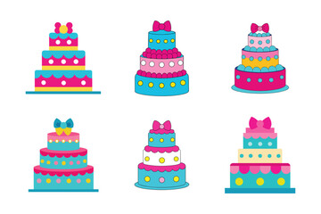 Set of colorful cartoon birthday cakes with bows and decorations. Cakes vector bundle, birthday cakes vector icons, Symbol of the birthday,holiday,festive isolated on white background