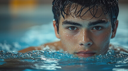 young man with wet hair is swimming in pool, focusing intently as he emerges from water. close up captures his determined expression and shimmering water around him
