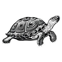 A white background with a detailed silhouette of a turtle walking slowly. The turtle is moving towards the right. The turtle's shell has intricate patterns and the legs are carefully illustrated
