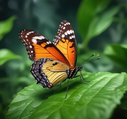 Naklejka premium serene phalantha butterfly resting on a soft green leaf, foliage, butterfly, beauty