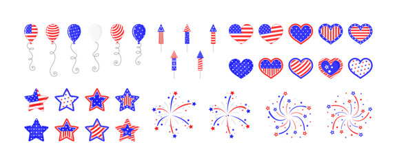 Different decorative balloons, firework rockets, stars and hearts, isolated on a white background. Vector big set in traditional white, red and blue colors for 4th of July American Independence Day