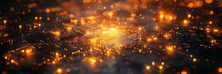 Obraz premium Cyberpunk technical background abstraction with UI UX modern trendy design. Space for text. Incorporates microcircuit hologram. Serves as a template for posters, invitations, banners, and email