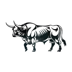 A strong silhouette of a muscular farm bull with horns against a white background. The bull is standing on a patch of grass. The bull's body is muscular and well-defined. The horns