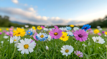 Obraz premium Colorful cosmos flowers bloom in a field, sunset sky background; nature, spring, beauty