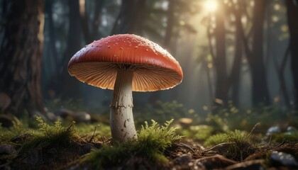 Single bonnet mushroom reaching for illumination , canopy, stretching