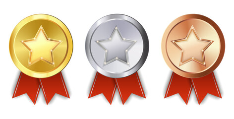 Award medals, gold, silver, and bronze medals on transparent background
