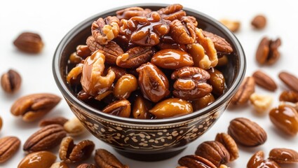 Obraz premium Decorative bowl of caramelized mixed nuts with various textures and sweet flavor.