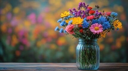 A vibrant bouquet of wildflowers in a glass jar on a wooden table amidst a colorful blurred garden