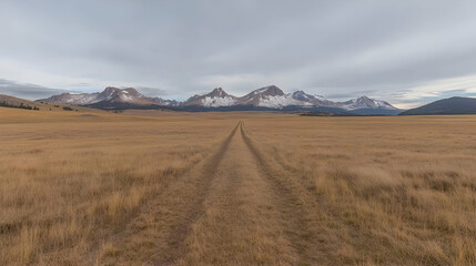 Obraz premium Scenic mountain range view, dirt road leading to peaks, autumn grasslands