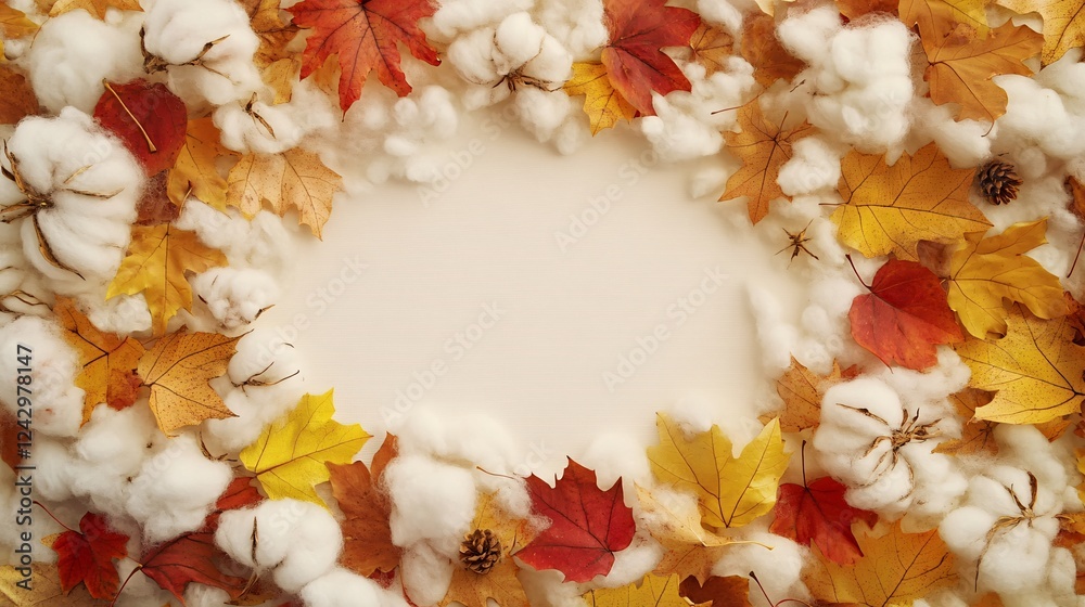 Aufkleber autumn frame made with cotton flowers and colorful maple leaves on light paste background