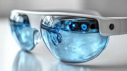 Futuristic smart glasses showcasing augmented reality features with a tech-inspired background