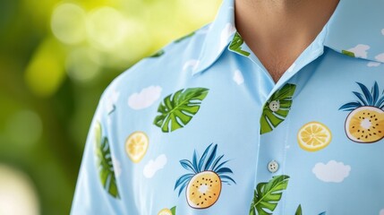 Naklejka premium Light blue shirt with tropical fruit and leaf print, close-up detail of the collar and pattern.
