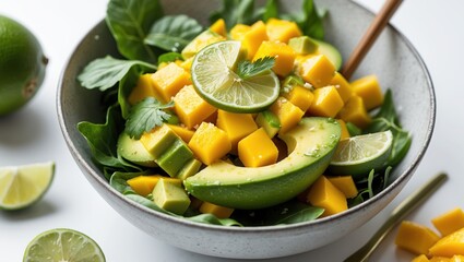 Fresh mango avocado salad with vibrant lime wedges and herbs