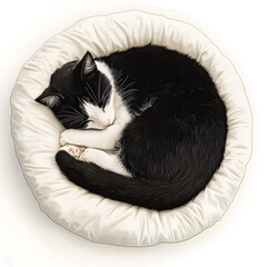 tuxedo cat curled up sleep in a cozy bed on white background