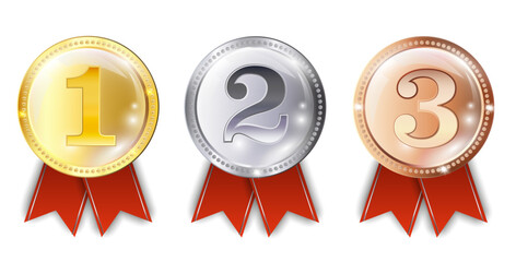 Award medals, gold, silver, and bronze medals on transparent background
