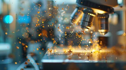 Microscopic view of glowing particles decaying into smaller fragments, symbolizing particle decay in a physics lab setting with scientific instruments and equipment in the background.