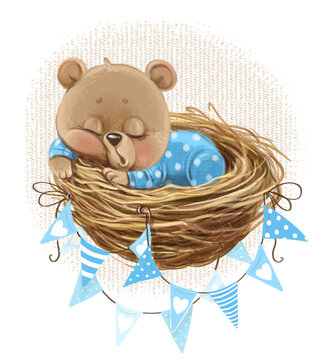 Cute cartoon baby bear in blue close sleep in elegantly decorated nest watercolor illustration