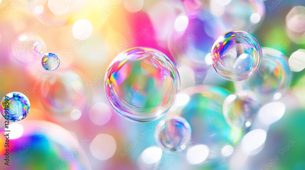 Poster a cascade of sparkling bubbles dances in the air, reflecting a spectrum of colors against a dreamy, 