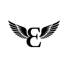 Fototapeta premium Winged Letter E Black Logo Design, Black letter E with symmetrical wings, creating a modern and stylish logo. Perfect for branding, aviation, business, sports, or creative identity. 