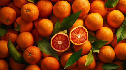 Top-down view of fresh Sicilian blood oranges filling the frame. Juicy reddish-orange pulp, and scattered green leaves. Bright, fresh, organic, and tropical citrus in a horizontal composition.