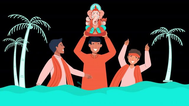 Illustrate Ganesh Chaturthi with this flat vector animation scene, perfect for creating vibrant and festive visuals.