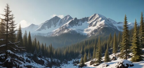 Snowy peak of the Tatras rising above a forest of spruce trees, with bare branches and lush greenery in early spring, snowy peaks, winter landscape