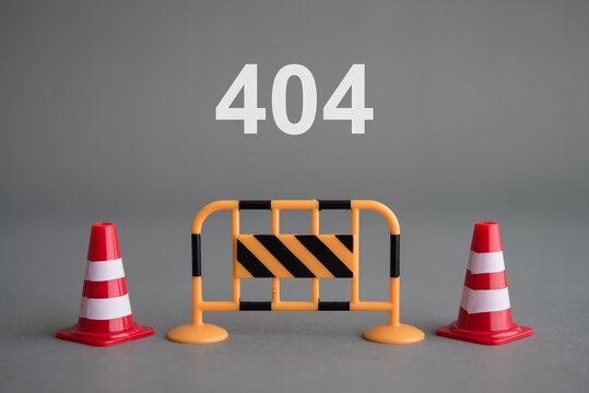 Pylons and stop barrier with 404 error code. Concept of online internet web. 404 sorry, page not found is HTTP status code error that indicates server could not find what was requested.