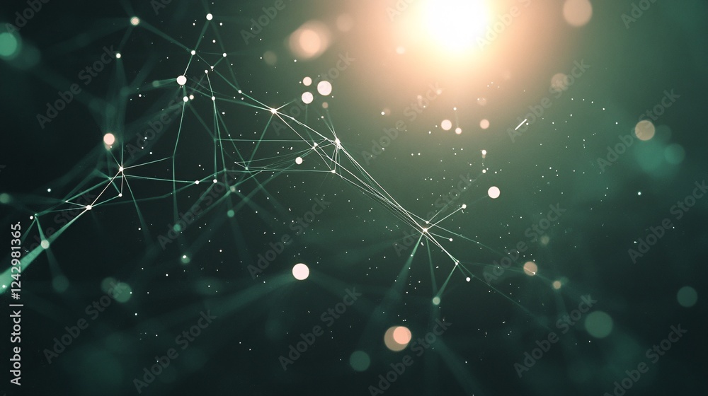 Aufkleber Abstract network is connecting lines and dots over a green background with lens flare