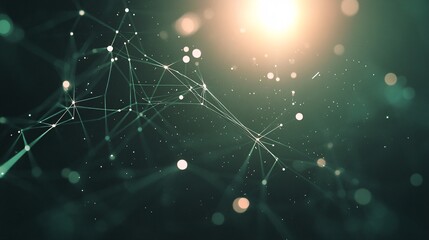 Abstract network is connecting lines and dots over a green background with lens flare