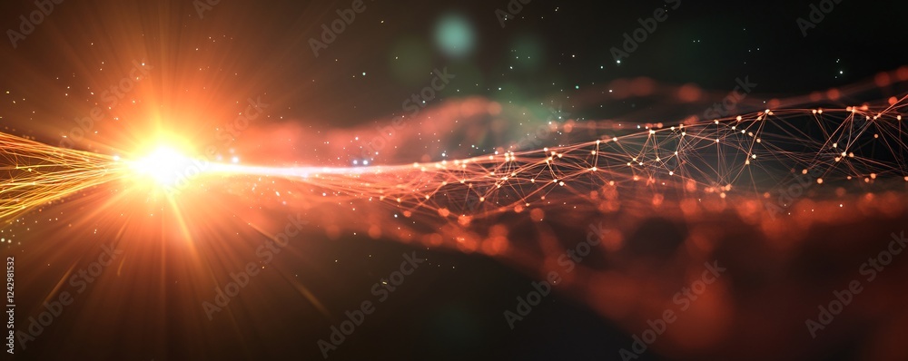 Poster Abstract orange plexus network shining in outer space background