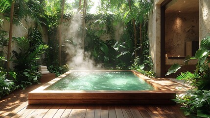 Tranquil Oasis: A steaming plunge pool nestled within a lush, tropical garden.  Sunlight filters through the dense foliage, creating a serene and inviting atmosphere.