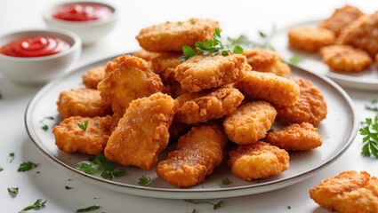 Crispy Chicken Nuggets with Ketchup and Parsley on White Plate