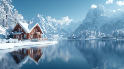 Fototapeta premium Cozy Cabin by Snowy Mountain Lake