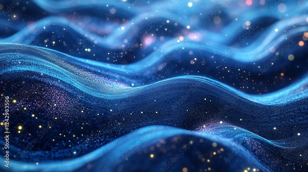 Aufkleber Abstract blue particles flowing forming wavy surface with bokeh