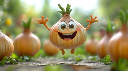 A Charming Cartoon Onion Character with Huge, Sparkling Eyes and Dynamic Arms, Leaping Hilariously Against a Colorful Green and Orange Gradient Background