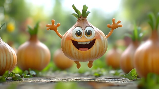 A Charming Cartoon Onion Character with Huge, Sparkling Eyes and Dynamic Arms, Leaping Hilariously Against a Colorful Green and Orange Gradient Background