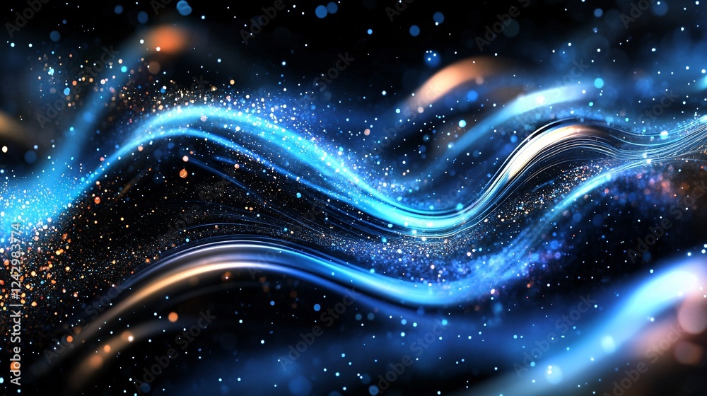 Poster abstract blue waves flowing with glitter particles on dark background
