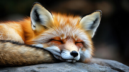 Obraz premium serene fox peacefully sleeping on rock, showcasing its vibrant red fur and fluffy tail in natural setting. fox relaxed expression adds sense of tranquility to scene